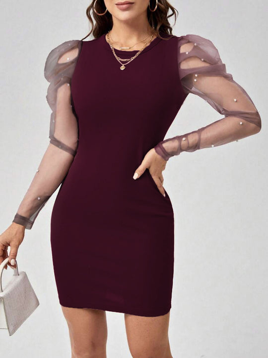 Damen Minikleid mit Tüllärmeln und Perlendetails EB