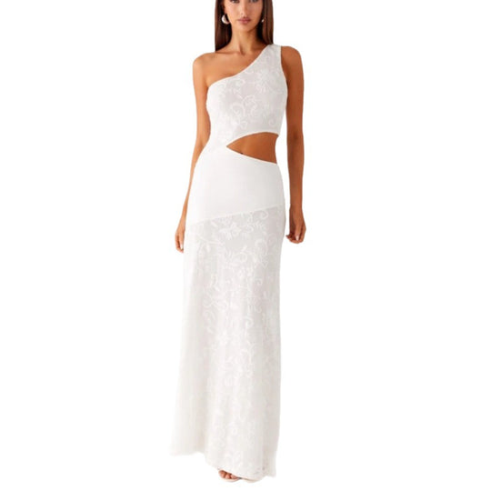 Damen Elegantes Maxikleid mit asymmetrischem Schnitt und floralem Spitzenbesatz EB