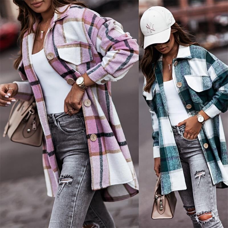Damen Karierte Overshirt-Jacke mit praktischen Brusttaschen EB