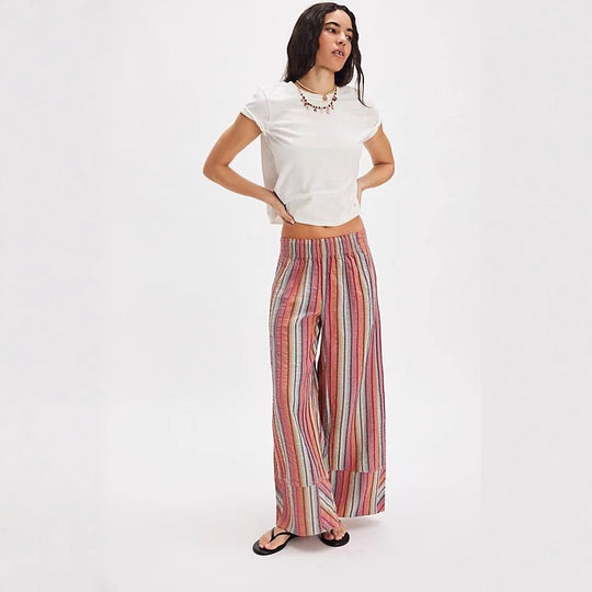 Damen weite gestreifte Sommerhose mit elastischem Bund und Taschen EB