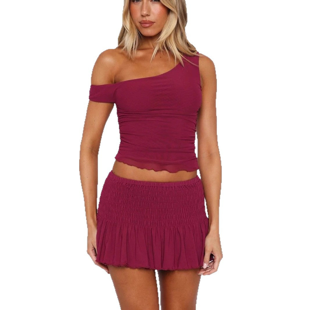 Damen Set mit off-shoulder Oberteil und gerafftem Rock EB