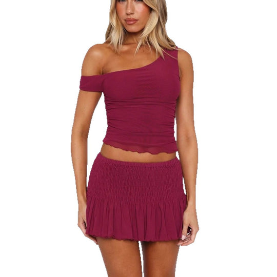 Damen Set mit off-shoulder Oberteil und gerafftem Rock EB