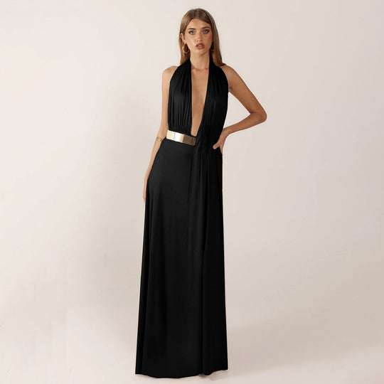 Damen Elegantes Maxikleid mit tiefem V-Ausschnitt und dekorativem Gürtel EB