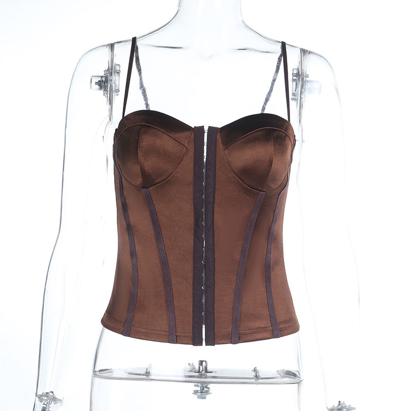 Damen figurbetonte Satin-Corsage mit feinen Trägern und dekorativen Einsätzen EB