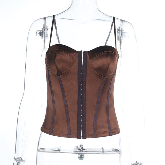 Damen figurbetonte Satin-Corsage mit feinen Trägern und dekorativen Einsätzen EB