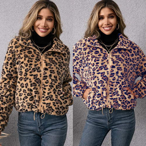 Damen Fleecejacke mit Leoparddruck und seitlichen Taschen EB