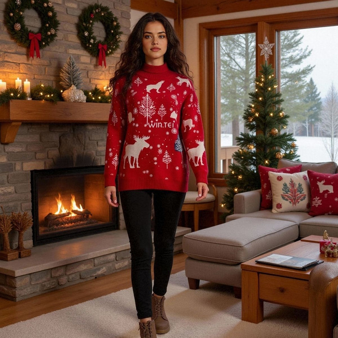 Damen winterlicher Weihnachts-Pullover mit festlichem Elch-Design und hochgeschlossenem Kragen EB