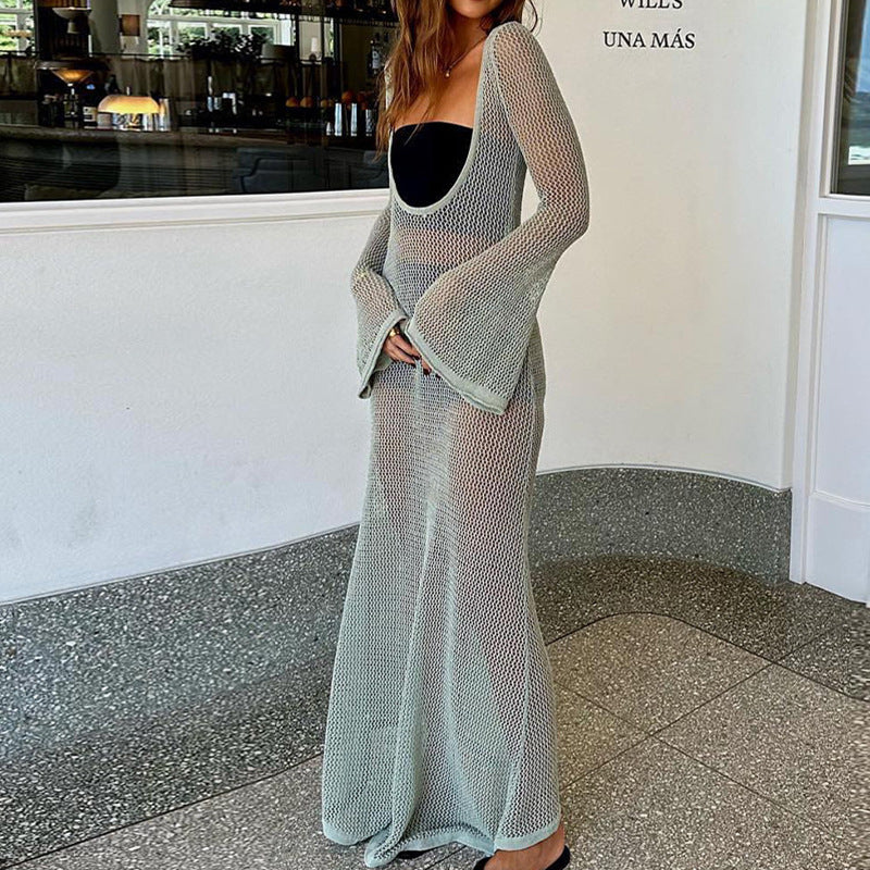 Damen Häkel-Strandmaxikleid mit weitem Schnitt und eleganten Glockenärmeln EB