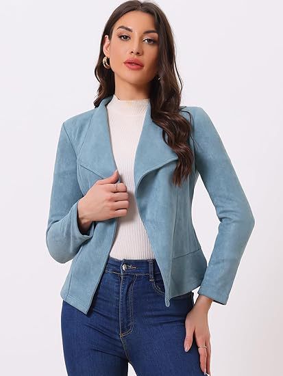 Damen modische Synthetiklederjacke mit offenem Schnitt und Taschen EB