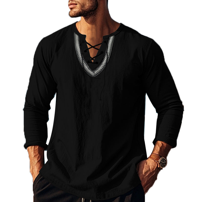 Herren Langarm-Henley-Shirt mit dekorativer Schnürung und lässigem Schnitt EB