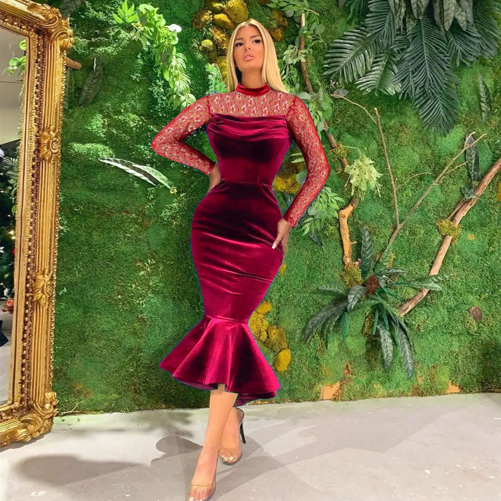 Damen Elegant Fit-and-Flare Kleid mit Spitzenärmeln EB