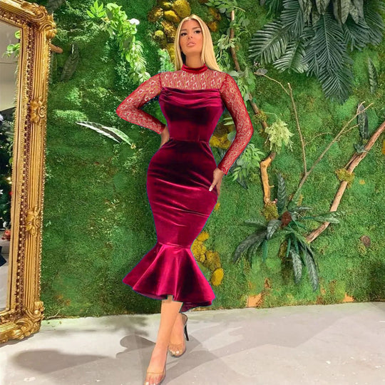 Damen Elegant Fit-and-Flare Kleid mit Spitzenärmeln EB