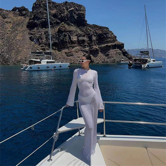 Damen Elegantes Maxikleid mit transparentem Stoff und modischen Trompetenärmeln EB