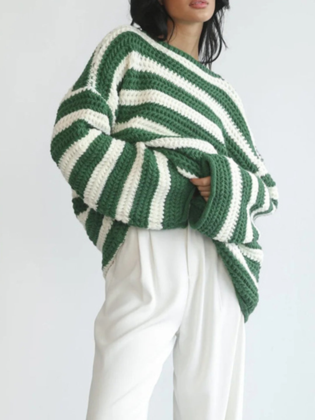 Damen lässiger Strickpullover mit kontrastierenden Streifen und weitem Schnitt EB