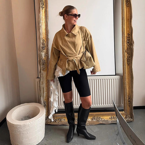 Damen lässige Oversized-Jacke mit Taillenschnürung EB
