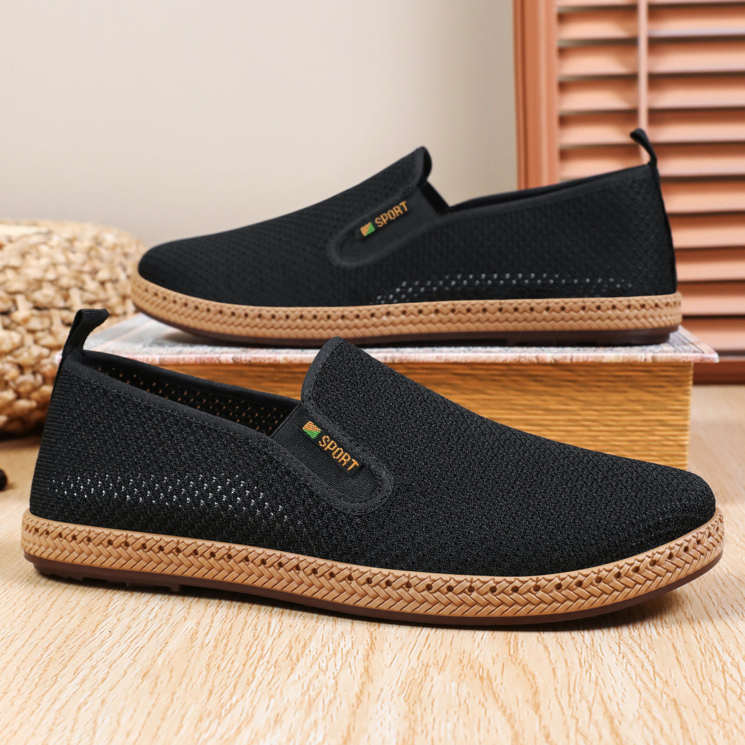 Herren nan atmungsaktiver Strick-Slip-On Loafer mit elastischem Einstieg, geflochtener Dekor-Sohle und gepolstertem Komfortfußbett EB