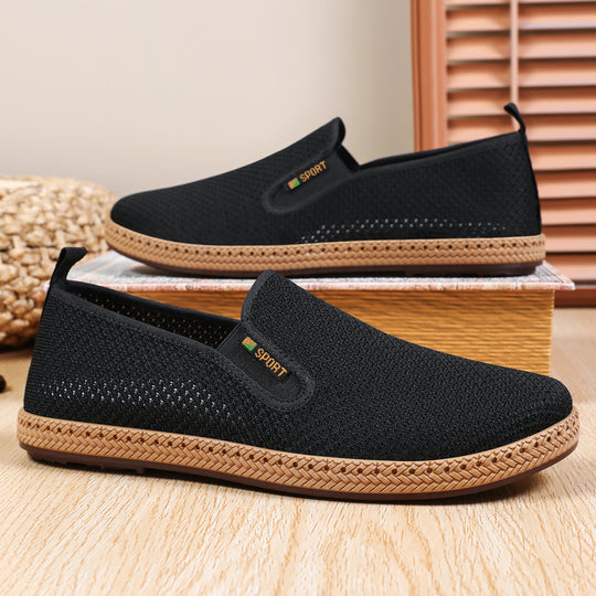Herren nan atmungsaktiver Strick-Slip-On Loafer mit elastischem Einstieg, geflochtener Dekor-Sohle und gepolstertem Komfortfußbett EB