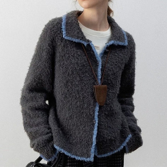 Damen kuscheliger Strickcardigan mit Kontrastdetails und kragen EB