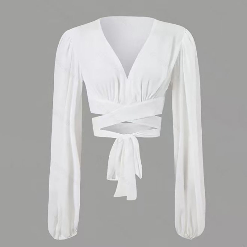 Damen Wickelbluse mit langem Arm und elegantem V-Ausschnitt EB