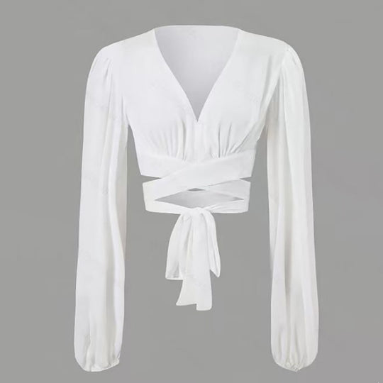 Damen Wickelbluse mit langem Arm und elegantem V-Ausschnitt EB