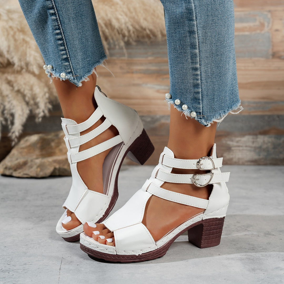 Damen Offene Riemensandalen mit Blockabsatz und Doppel-Schnallen EB