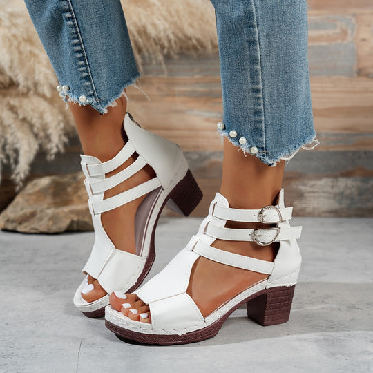 Damen Offene Riemensandalen mit Blockabsatz und Doppel-Schnallen EB