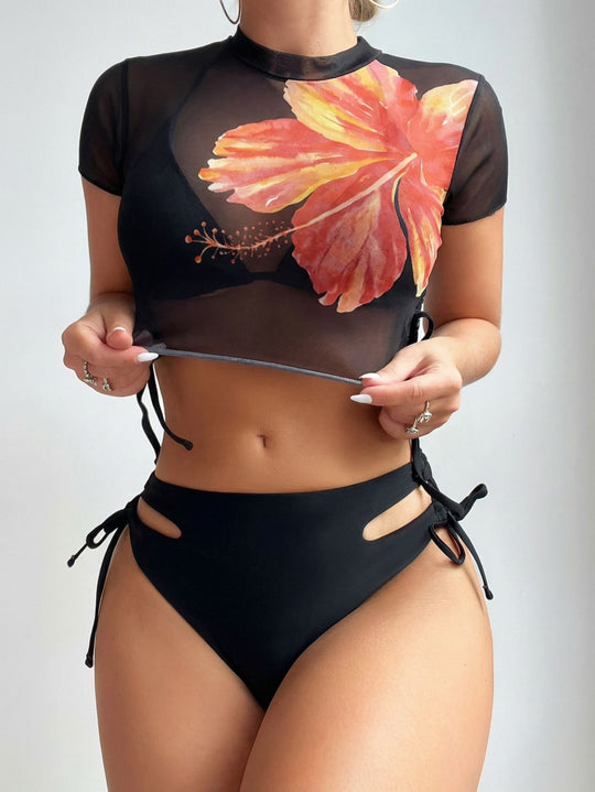 Damen Bikini-Set mit asymmetrischem Oberteil und floralem Design EB