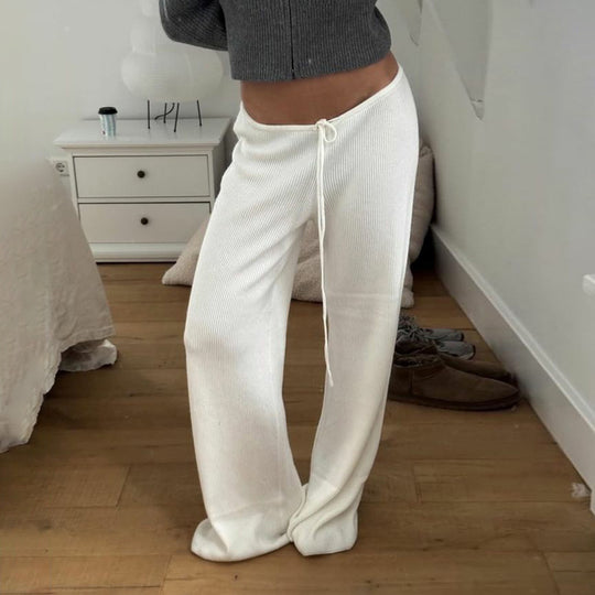 Damen nan lässige Lounge-Hose mit weitem Bein, elastischem Tunnelzugbund und feinem Rippstrick EB