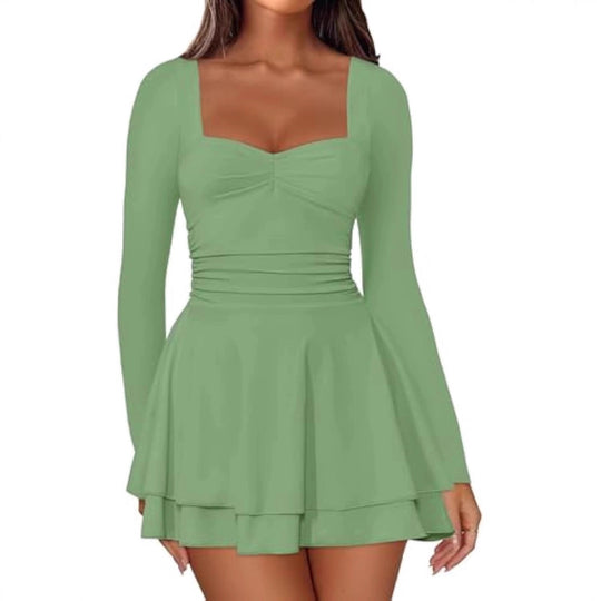 Damen Langarm-Minikleid mit quadratischem Ausschnitt, taillierter Raffung und zweilagigem Volantrock EB