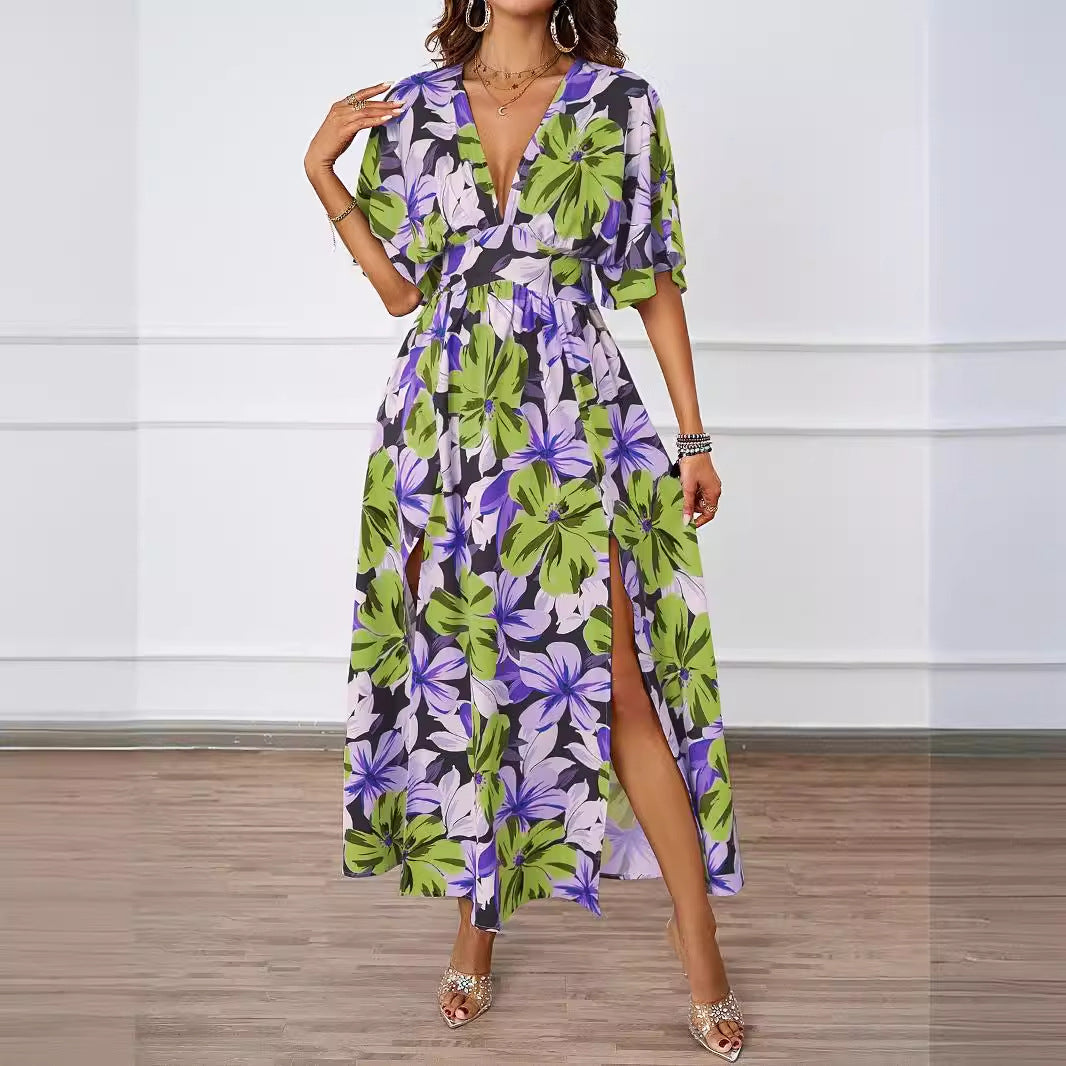 Damen Voluminöses Maxikleid mit floralem Design und tiefem V-Ausschnitt EB