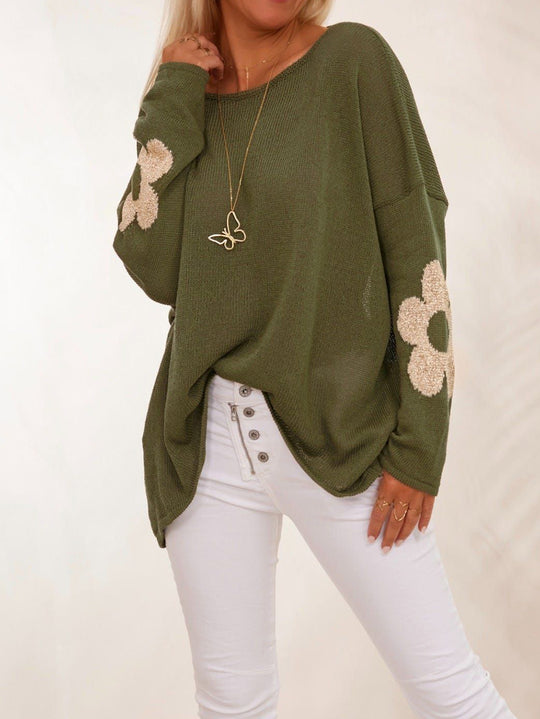 Damen grob gestrickter Pullover mit floralem Design und weitem Schnitt EB