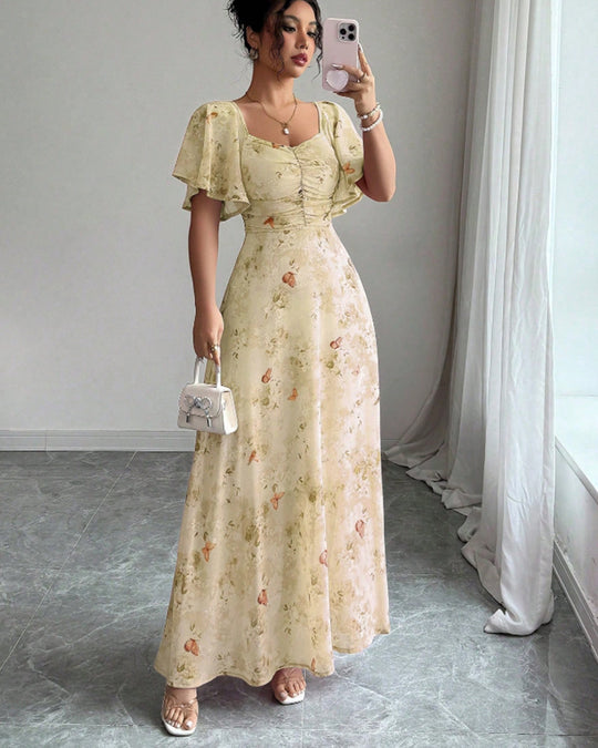 Damen Maxikleid mit fließendem Schnitt und romantischem Blumenmuster EB