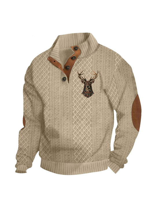 Herren nan Heritage-Strukturpullover mit Stehkragen Lederimitat-Besatz Ellenbogen-Patches und Halbknopfleiste EB