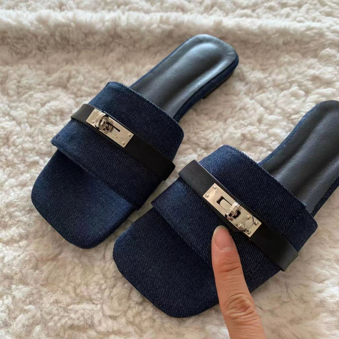 Damen Bequeme Schlappen mit modischem Riemen und elegantem Schnallenverschluss EB