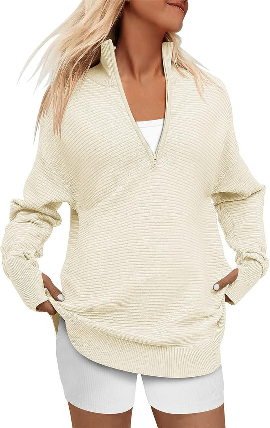 Damen Oversized Pullover mit Stehkragen und Reißverschluss EB
