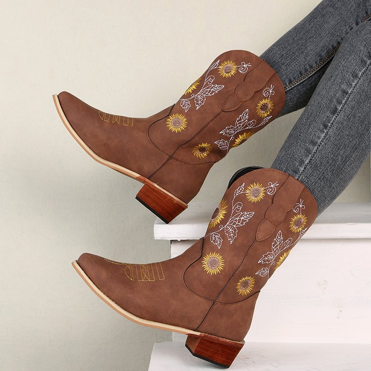 Damen Cowboy-Stiefel mit floralem Stickdesign und robustem Blockabsatz EB