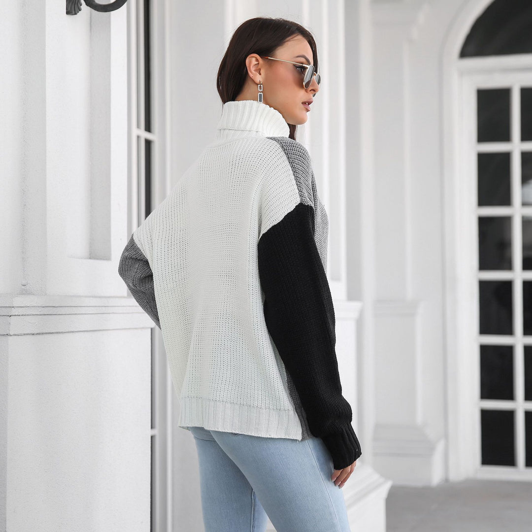 Damen Grobstrickpullover mit hohem Kragen und modernem Farbblock-Design EB