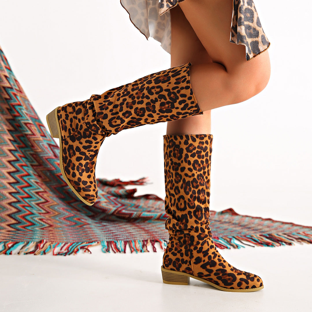 Damen Modische Stiefel im Leo-Design mit elastischem Schaft EB