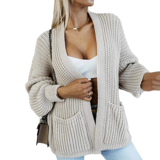 Damen lässige Strickjacke mit großen Taschen und lockerer Passform EB