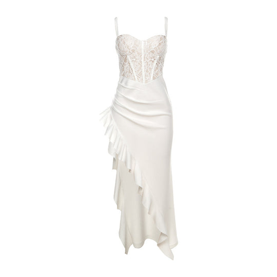Damen elegantes Spitzen-Maxikleid mit raffinierten Drapierungen EB