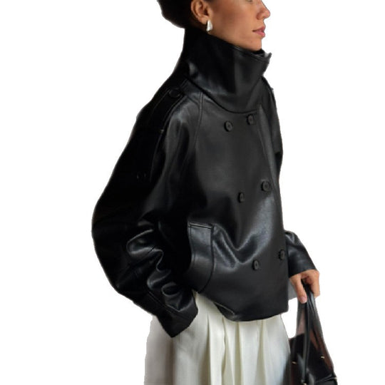 Damen Übergröße Kunstlederjacke mit asymmetrischem Revers EB