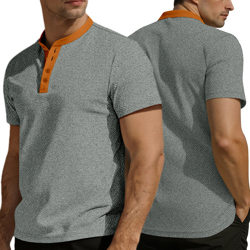 Herren nan schlankes Kurzarm-Henley-Poloshirt mit Mandarin-Kragen und feiner Jacquardstruktur EB