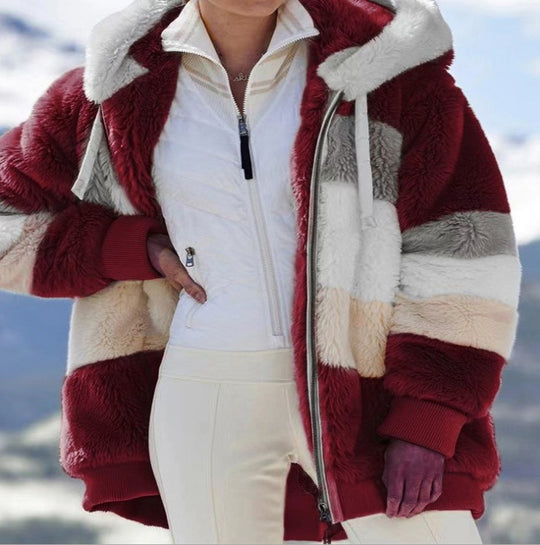 Damen nan oversized gefütterte Kunstfelljacke mit Kapuze, Blockstreifen und gerippten Bündchen EB
