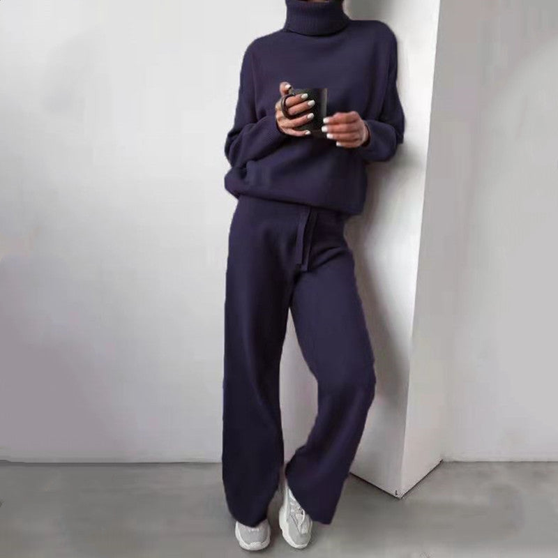 Damen elegantes Strick-Loungewear-Set mit hohem Kragen und weitem Bein EB