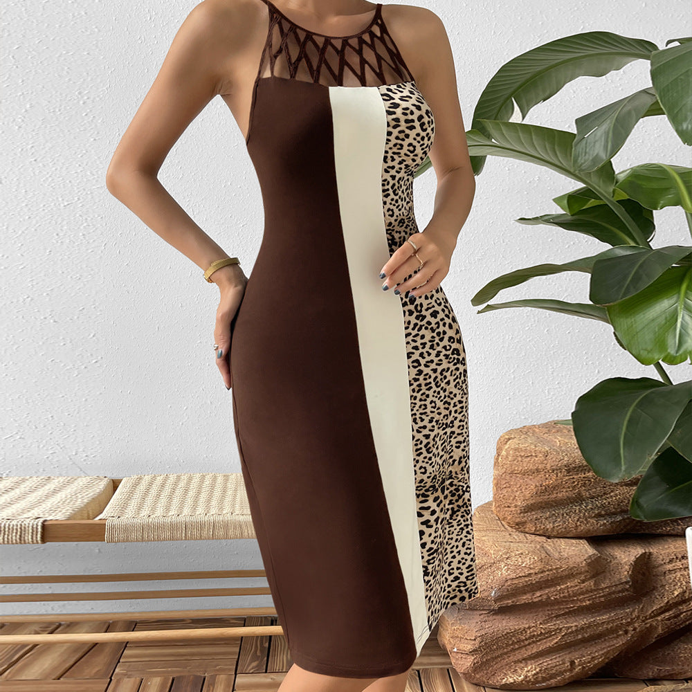 Damen elegantes figurbetontes Kleid mit Cut-Out-Details und Leopardenmuster EB