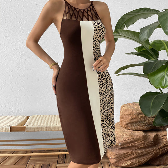 Damen elegantes figurbetontes Kleid mit Cut-Out-Details und Leopardenmuster EB