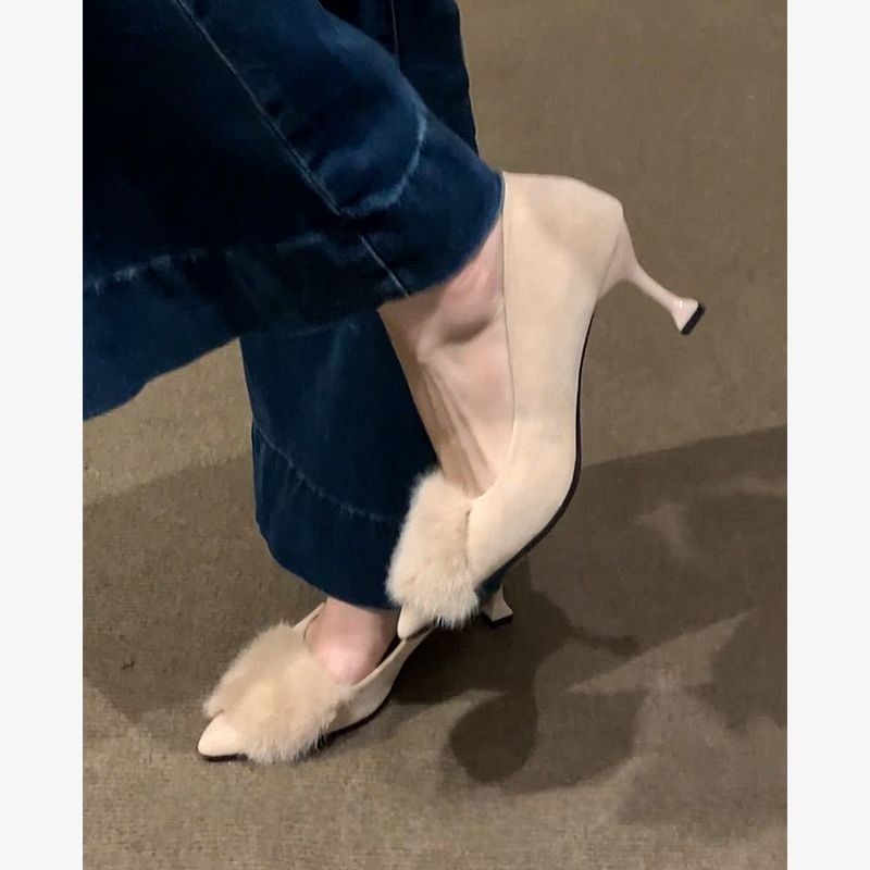 Damen elegante High Heel Schuhe mit luxuriösem Fellbesatz EB