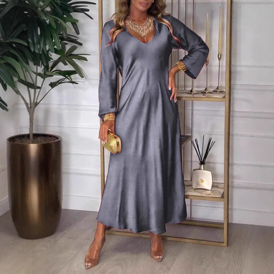 Damen elegantes Maxikleid mit tiefem V-Ausschnitt und fließendem Schnitt EB
