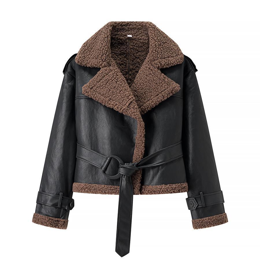 Damen Kunstlederjacke mit Teddy-Futter und taillierbarem Gürtel EB