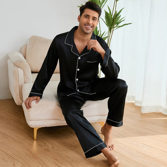 Herren Satin Schlafanzug-Set mit klassischem Kragen und eleganten Kontrastnähten EB
